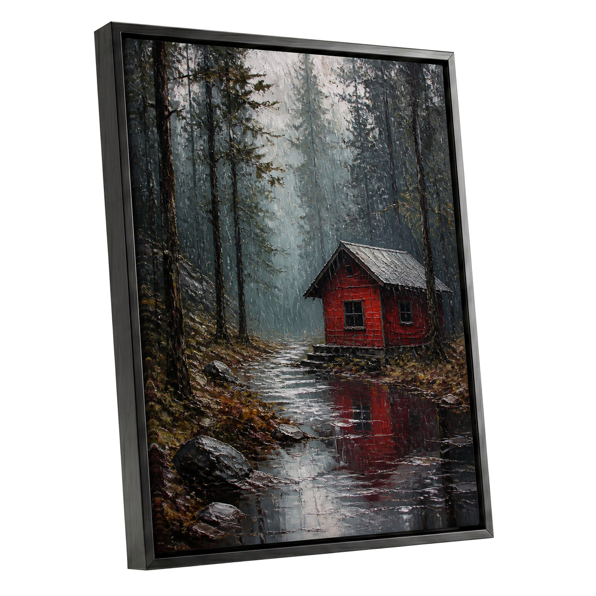 The Scarlet Hideaway, gray, black, red nature wall art shown as a black framed canvas wall art