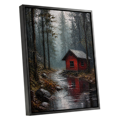 The Scarlet Hideaway, gray, black, red nature wall art shown as a black framed canvas wall art