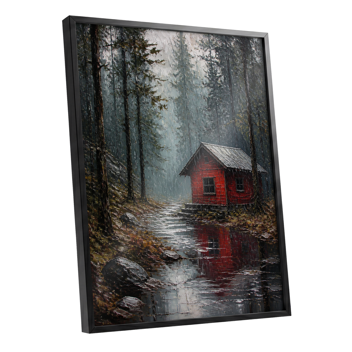 The Scarlet Hideaway, gray, black, red nature wall art shown as a black framed poster wall art print