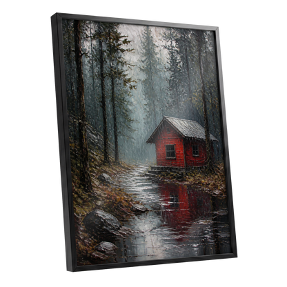 The Scarlet Hideaway, gray, black, red nature wall art shown as a black framed poster wall art print