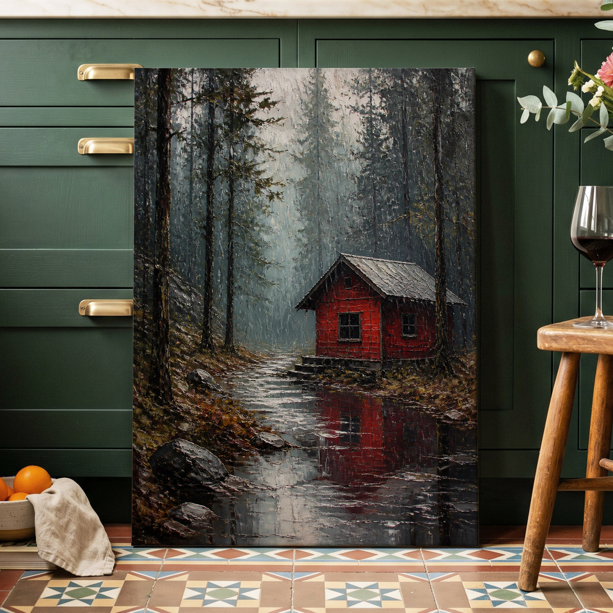 The Scarlet Hideaway, gray, black, red nature wall art on canvas displayed in a styled interior, gallery view 1