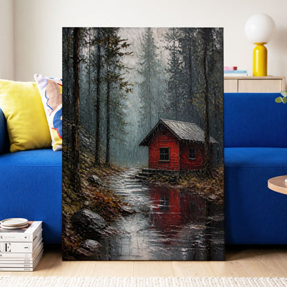 The Scarlet Hideaway, gray, black, red nature wall art on canvas displayed in a styled interior, gallery view 2