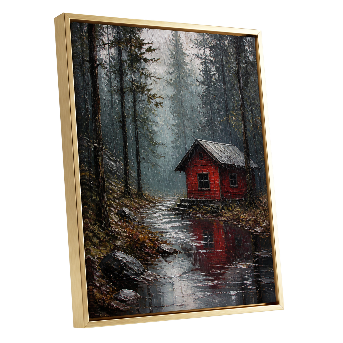The Scarlet Hideaway, gray, black, red nature wall art shown as a gold framed canvas wall art