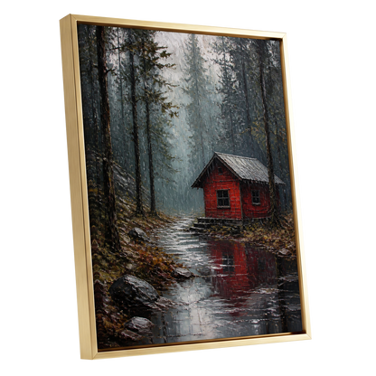 The Scarlet Hideaway, gray, black, red nature wall art shown as a gold framed canvas wall art