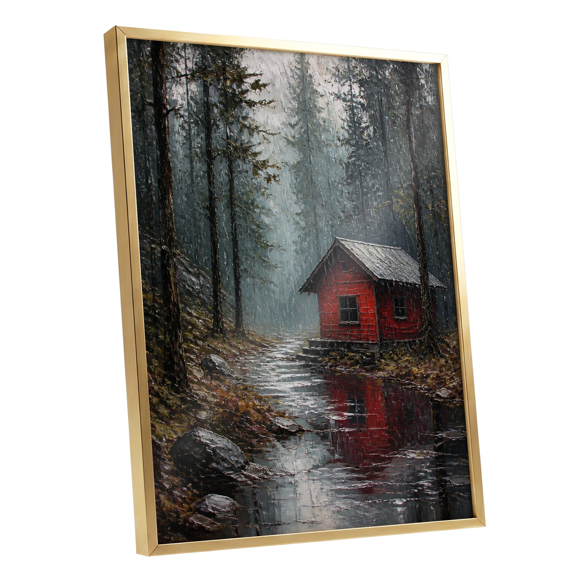 The Scarlet Hideaway, gray, black, red nature wall art shown as a gold framed poster wall art print