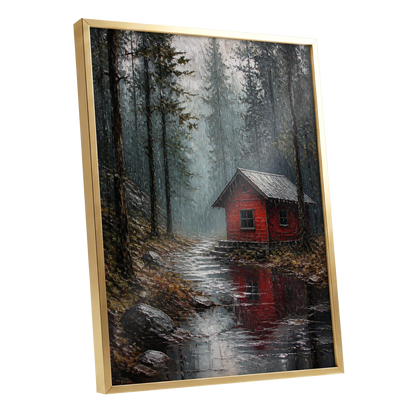 The Scarlet Hideaway, gray, black, red nature wall art shown as a gold framed poster wall art print