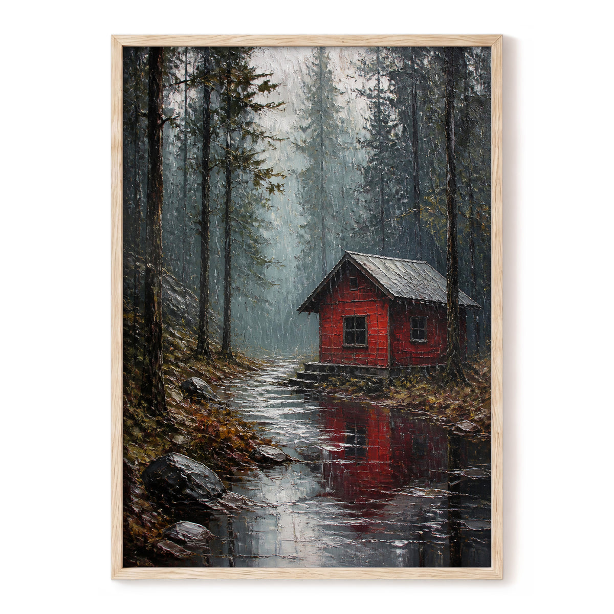 The Scarlet Hideaway, gray, black, red nature wall art, front artwork view