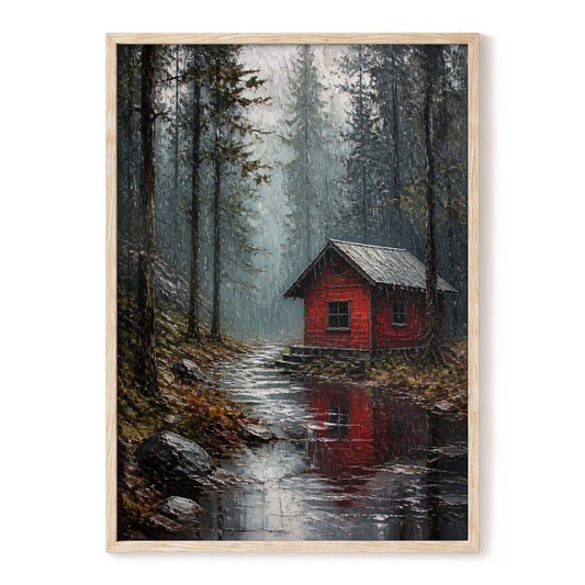 The Scarlet Hideaway, gray, black, red nature wall art, front artwork view