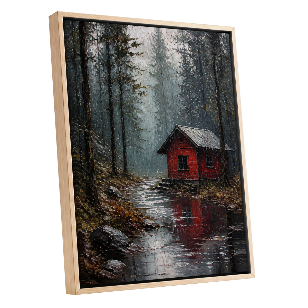 The Scarlet Hideaway, gray, black, red nature wall art shown as a oak framed canvas wall art