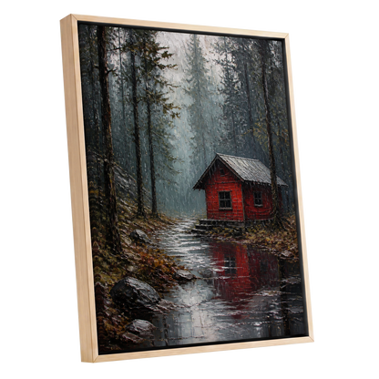 The Scarlet Hideaway, gray, black, red nature wall art shown as a oak framed canvas wall art