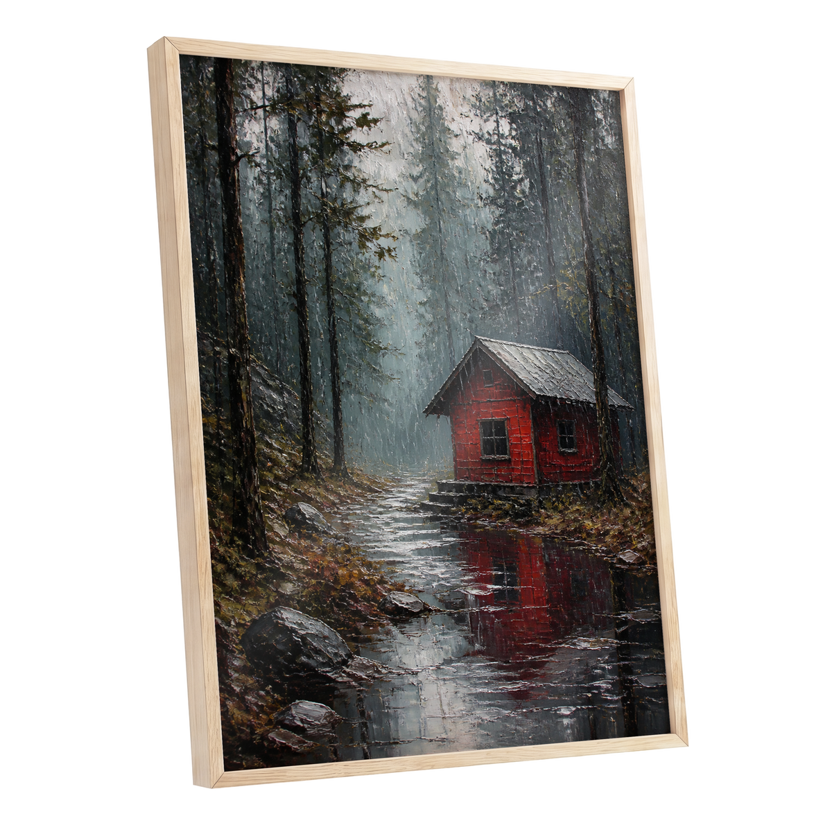 The Scarlet Hideaway, gray, black, red nature wall art shown as a oak framed poster wall art print