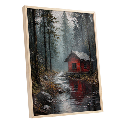 The Scarlet Hideaway, gray, black, red nature wall art shown as a oak framed poster wall art print