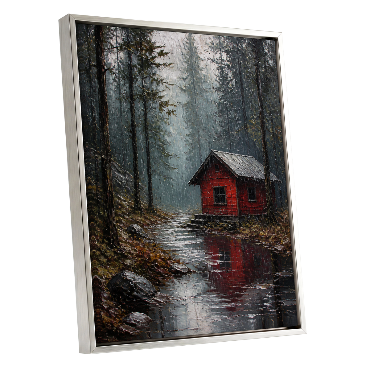 The Scarlet Hideaway, gray, black, red nature wall art shown as a silver framed canvas wall art
