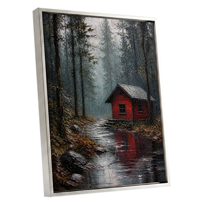 The Scarlet Hideaway, gray, black, red nature wall art shown as a silver framed canvas wall art