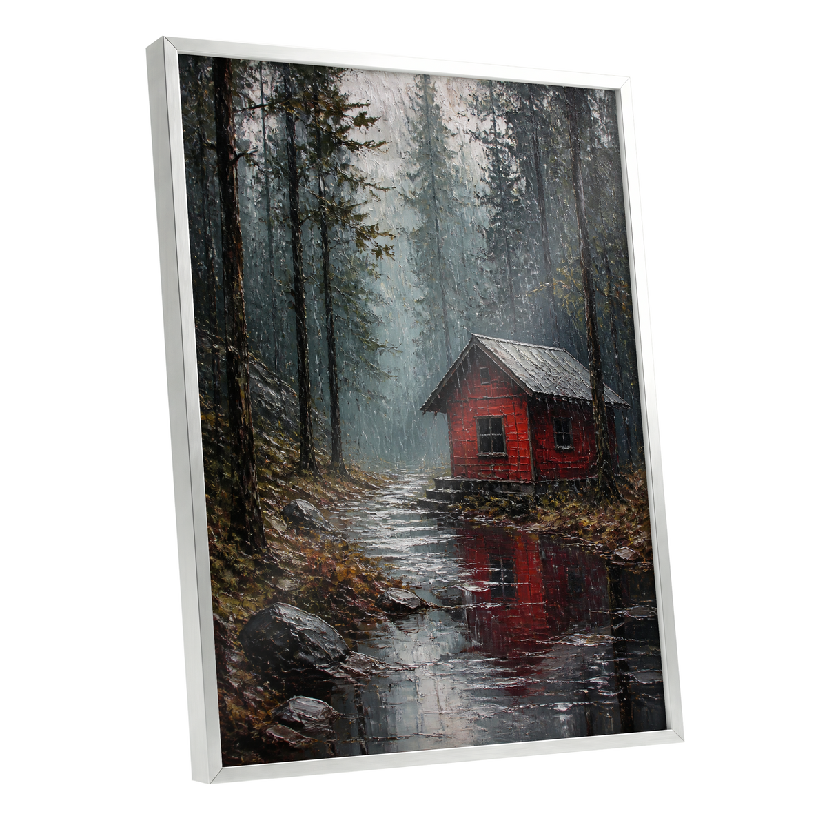 The Scarlet Hideaway, gray, black, red nature wall art shown as a silver framed poster wall art print