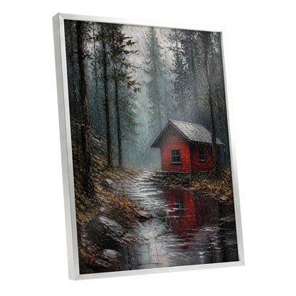 The Scarlet Hideaway, gray, black, red nature wall art shown as a silver framed poster wall art print