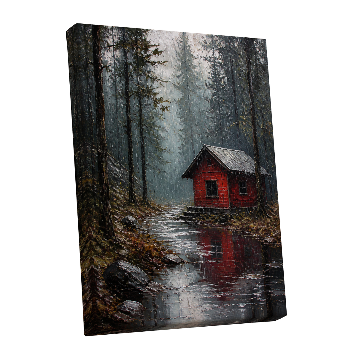 The Scarlet Hideaway, gray, black, red nature wall art shown as a stretched canvas wall art