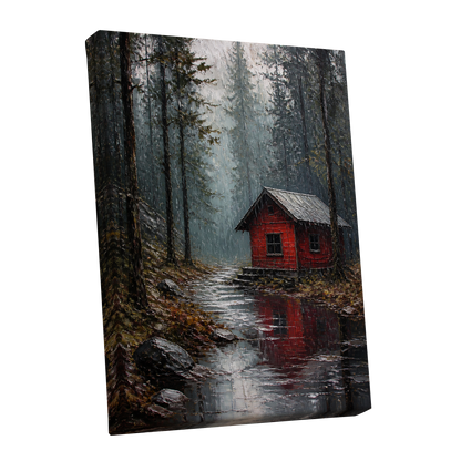 The Scarlet Hideaway, gray, black, red nature wall art shown as a stretched canvas wall art