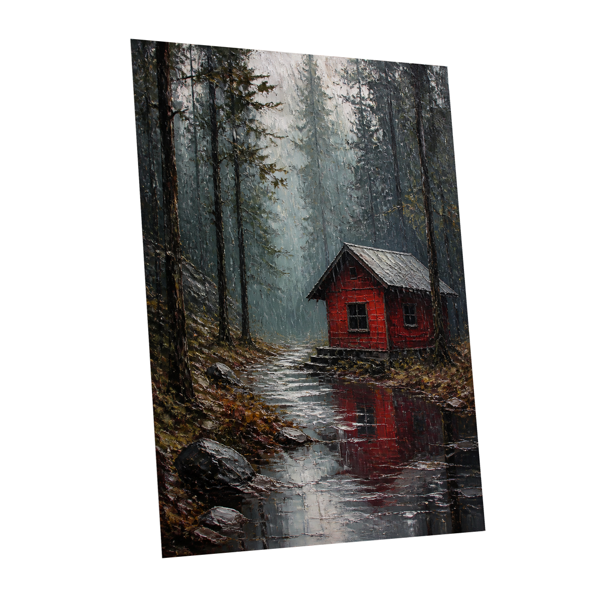 The Scarlet Hideaway, gray, black, red nature wall art shown as a unframed poster wall art print