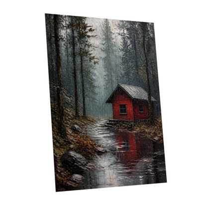 The Scarlet Hideaway, gray, black, red nature wall art shown as a unframed poster wall art print