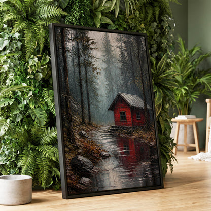 The Scarlet Hideaway, gray, black, red nature wall art displayed in a styled interior, gallery view 1