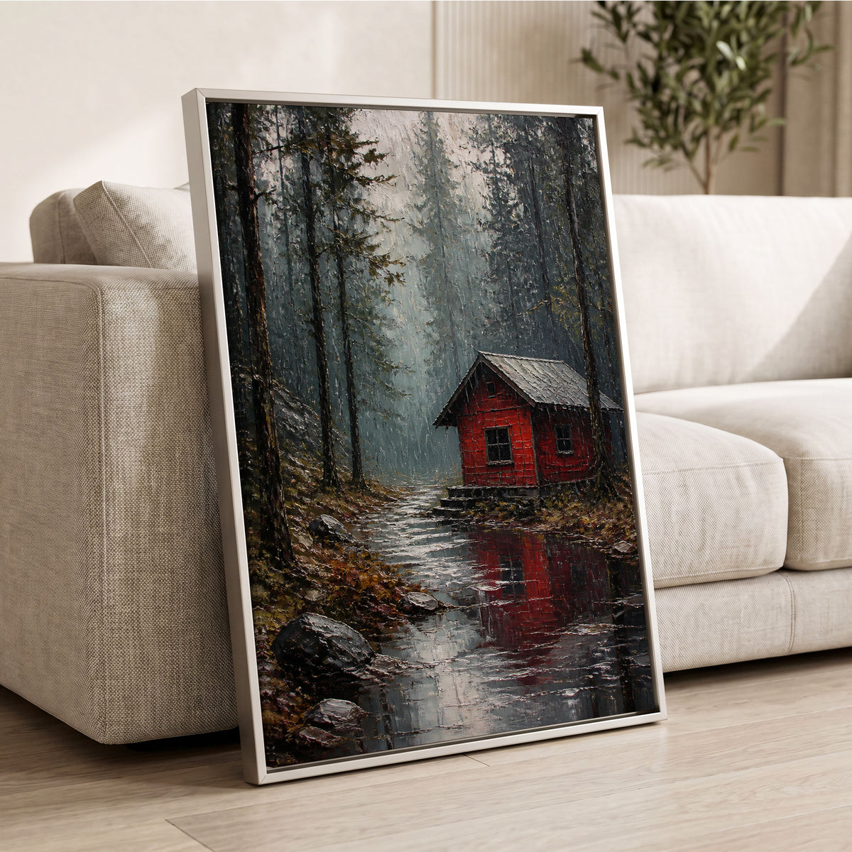 The Scarlet Hideaway, gray, black, red nature wall art displayed in a styled interior, gallery view 2