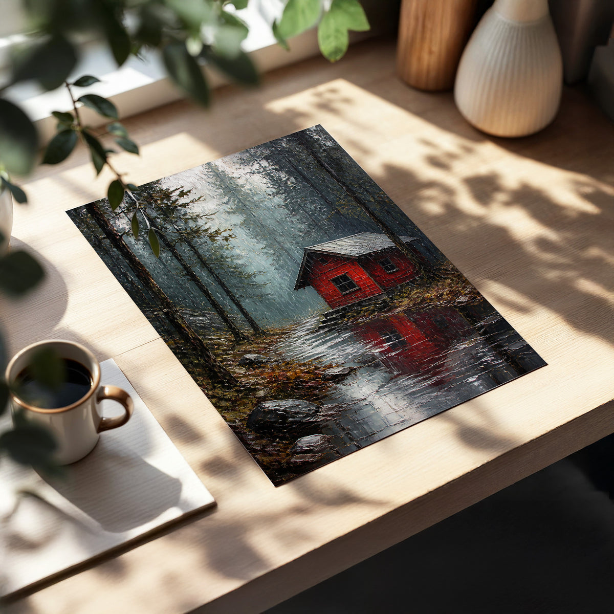 The Scarlet Hideaway, gray, black, red nature wall art displayed in a styled interior, gallery view 3