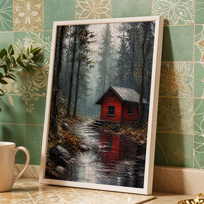 The Scarlet Hideaway, gray, black, red nature wall art displayed in a styled interior, gallery view 4
