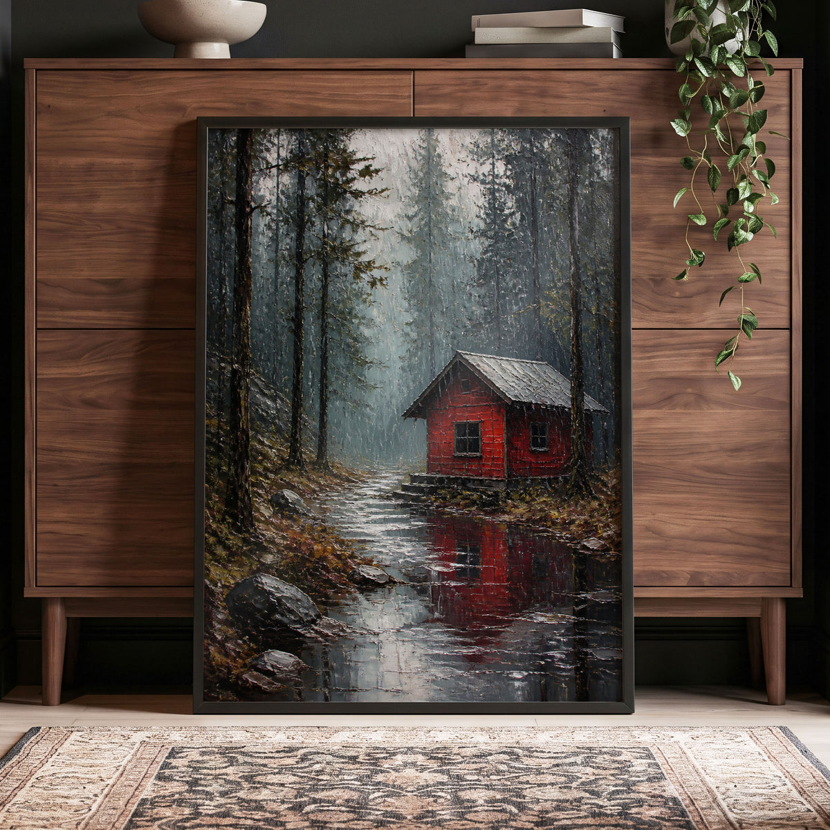 The Scarlet Hideaway, gray, black, red nature wall art displayed in a styled interior, gallery view 6