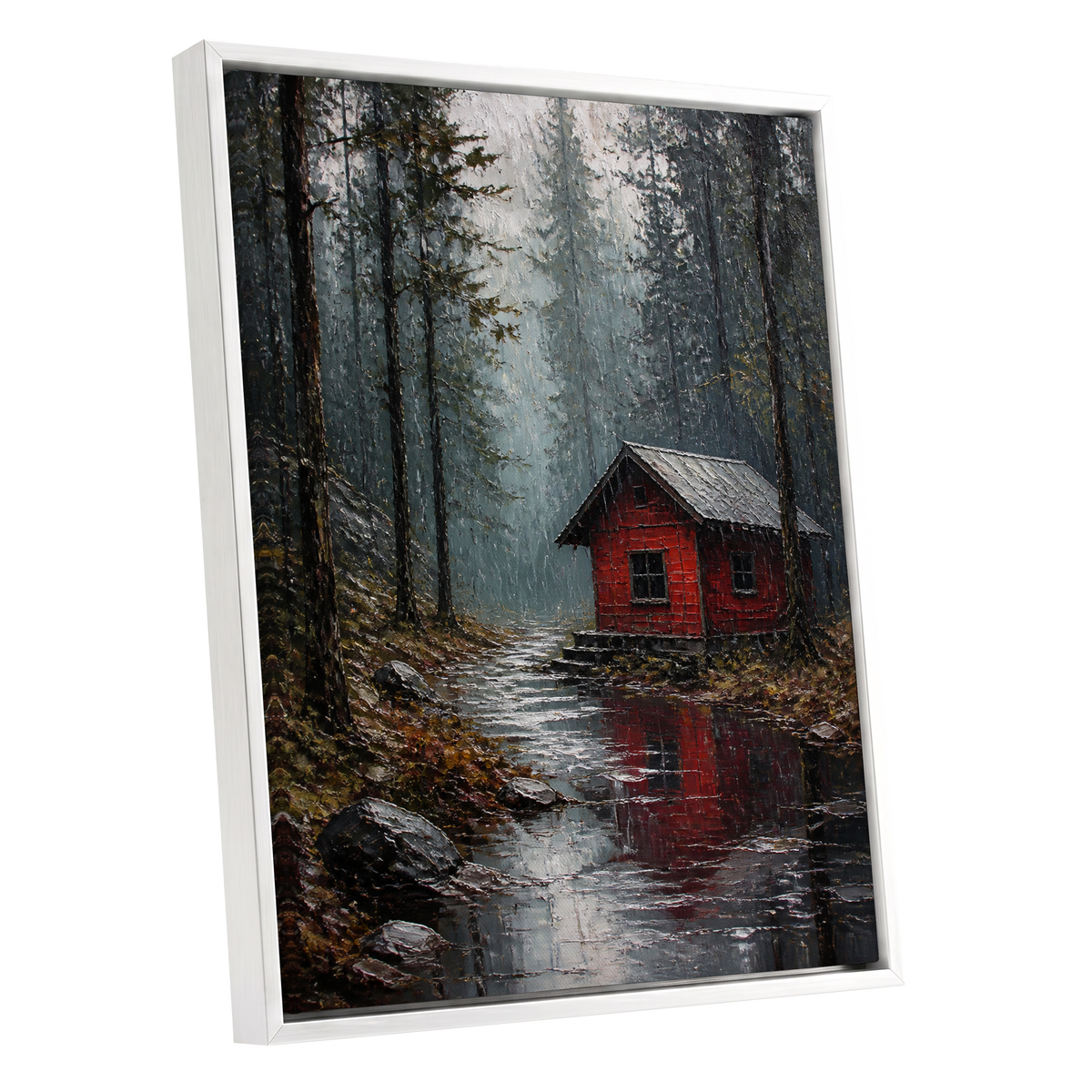 The Scarlet Hideaway, gray, black, red nature wall art shown as a white framed canvas wall art