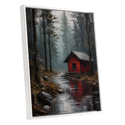 The Scarlet Hideaway, gray, black, red nature wall art shown as a white framed canvas wall art