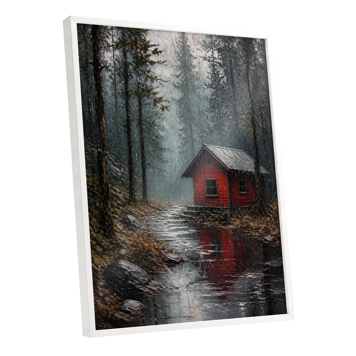 The Scarlet Hideaway, gray, black, red nature wall art shown as a white framed poster wall art print