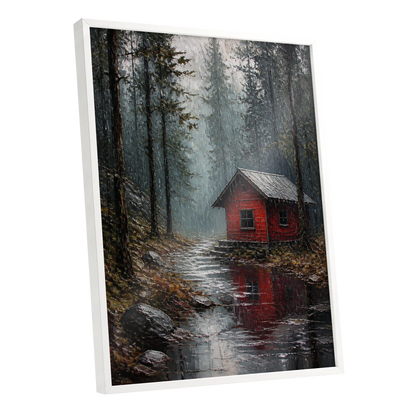 The Scarlet Hideaway, gray, black, red nature wall art shown as a white framed poster wall art print