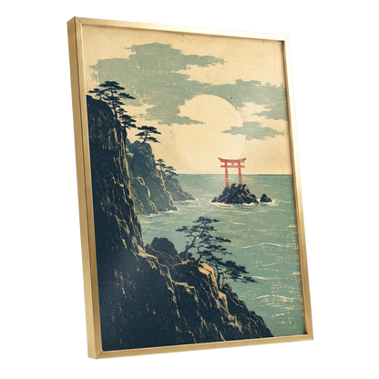 The Scarlet Sea Gate, beige, green, blue nature wall art shown as a gold framed poster wall art print