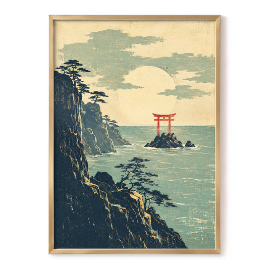 The Scarlet Sea Gate, beige, green, blue nature wall art, front artwork view