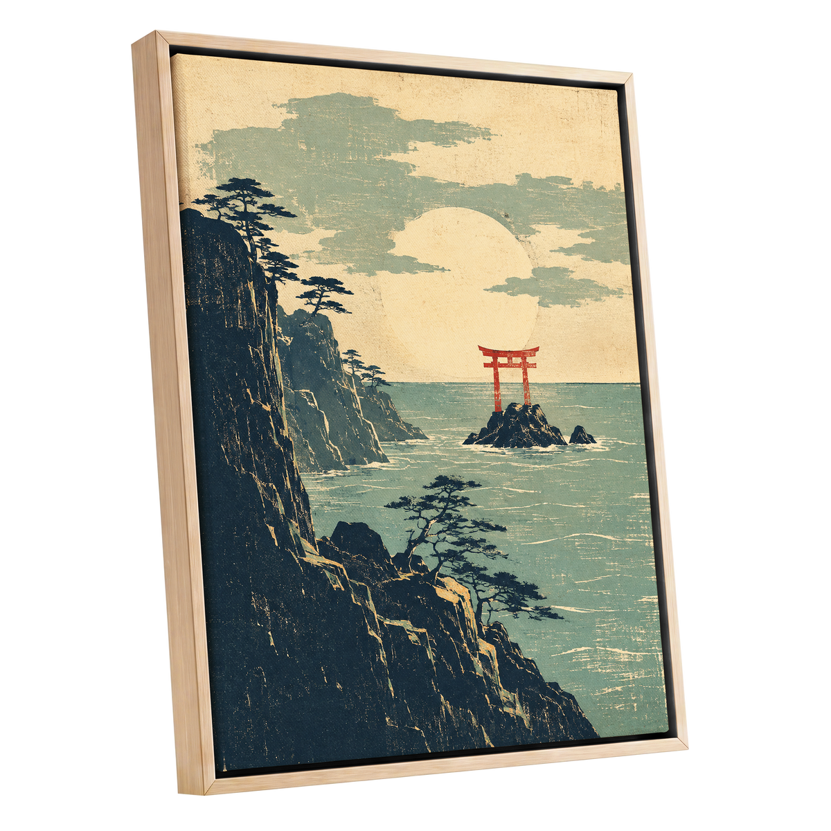 The Scarlet Sea Gate, beige, green, blue nature wall art shown as a oak framed canvas wall art