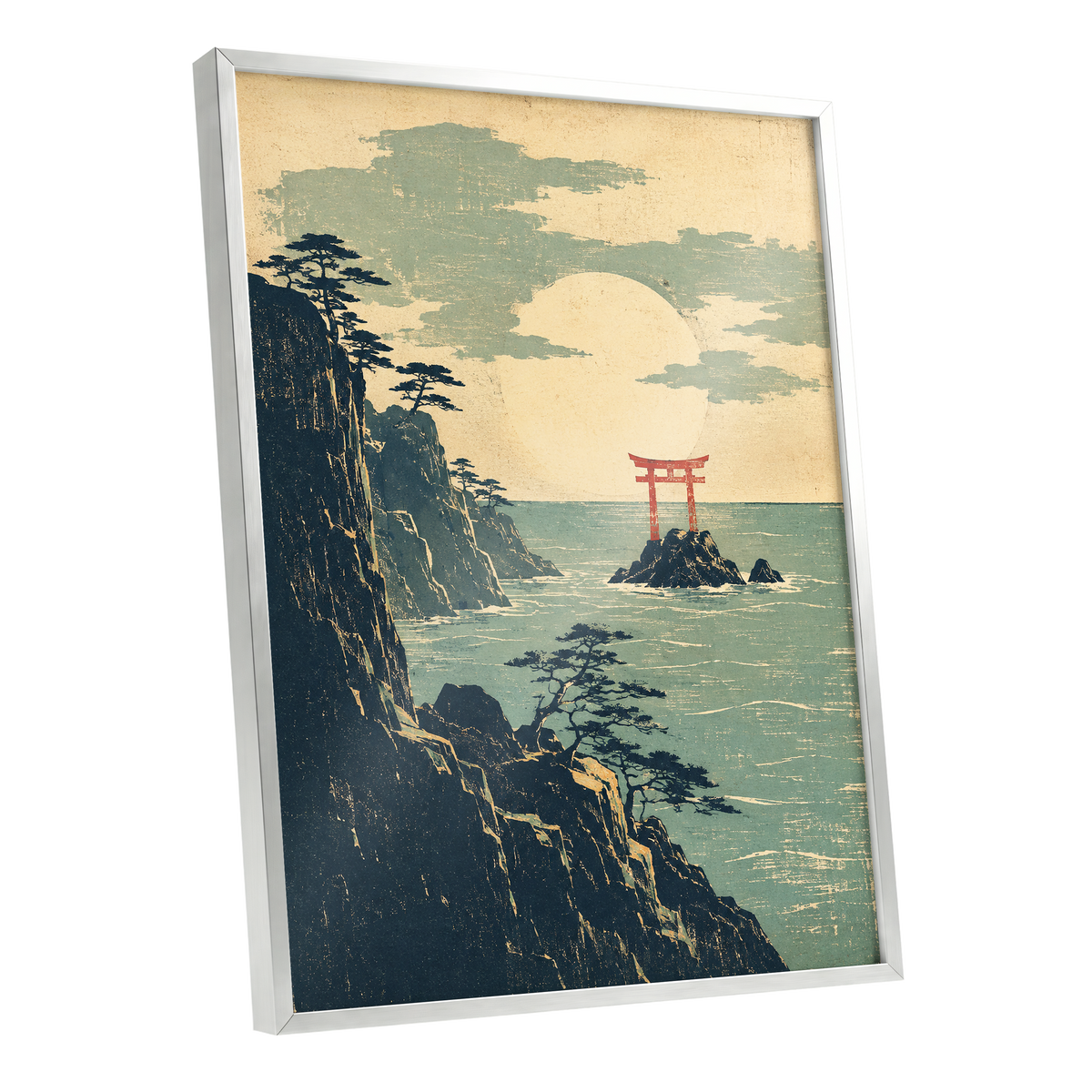 The Scarlet Sea Gate, beige, green, blue nature wall art shown as a silver framed poster wall art print