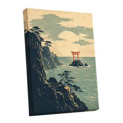 The Scarlet Sea Gate, beige, green, blue nature wall art shown as a stretched canvas wall art