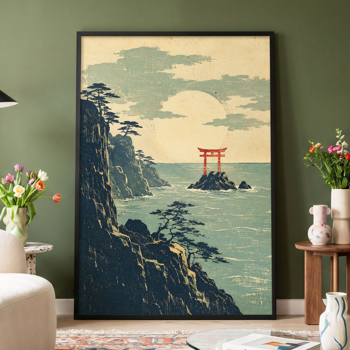 The Scarlet Sea Gate, beige, green, blue nature wall art displayed in a styled interior, gallery view 2