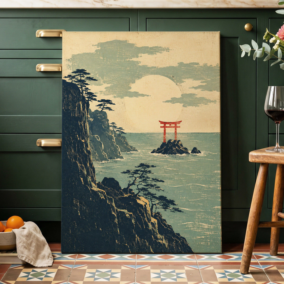 The Scarlet Sea Gate, beige, green, blue nature wall art displayed in a styled interior, gallery view 3