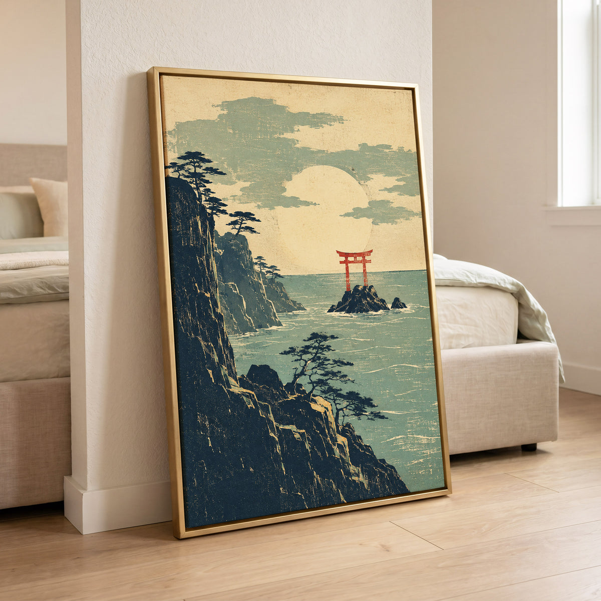 The Scarlet Sea Gate, beige, green, blue nature wall art displayed in a styled interior, gallery view 4