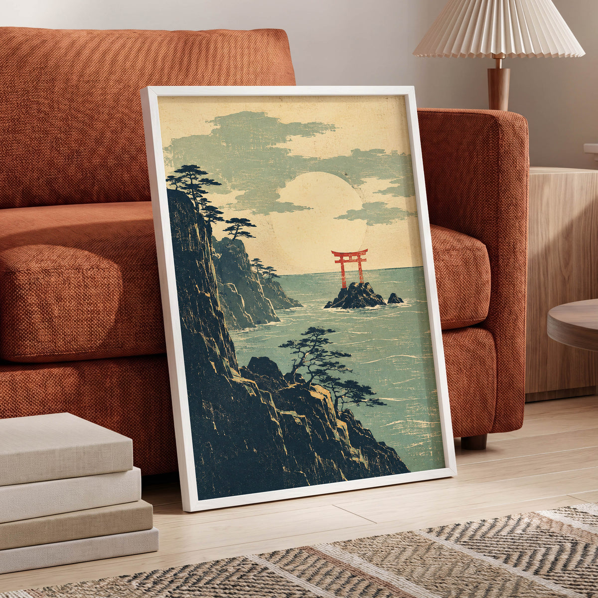 The Scarlet Sea Gate, beige, green, blue nature wall art displayed in a styled interior, gallery view 6