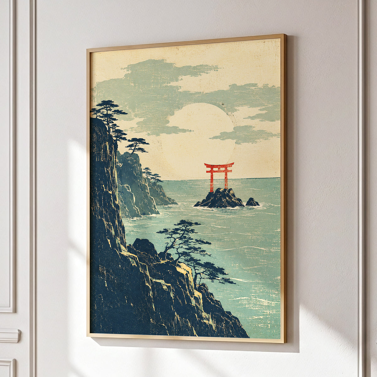 The Scarlet Sea Gate, beige, green, blue nature wall art displayed in a styled interior, gallery view 9