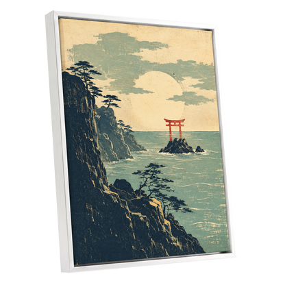 The Scarlet Sea Gate, beige, green, blue nature wall art shown as a white framed canvas wall art