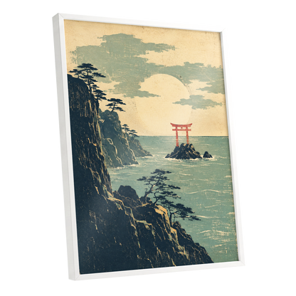 The Scarlet Sea Gate, beige, green, blue nature wall art shown as a white framed poster wall art print