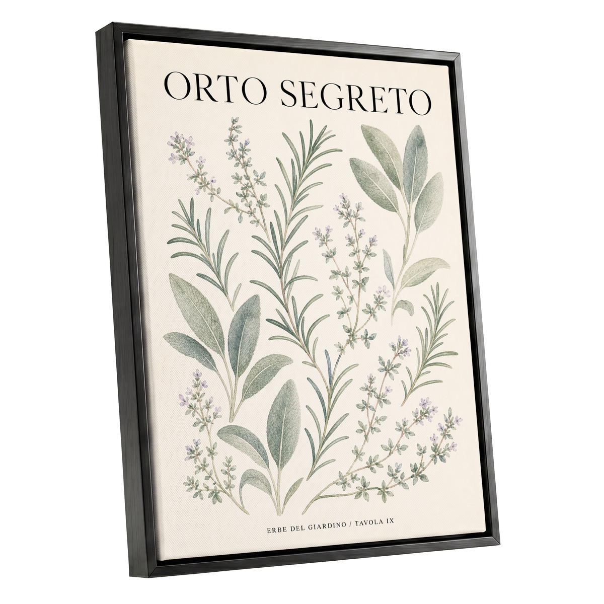 The Secret Herb Garden, green, beige, black nature wall art shown as a black framed canvas wall art