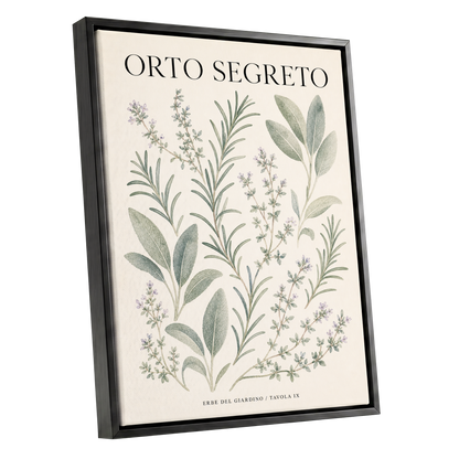 The Secret Herb Garden, green, beige, black nature wall art shown as a black framed canvas wall art