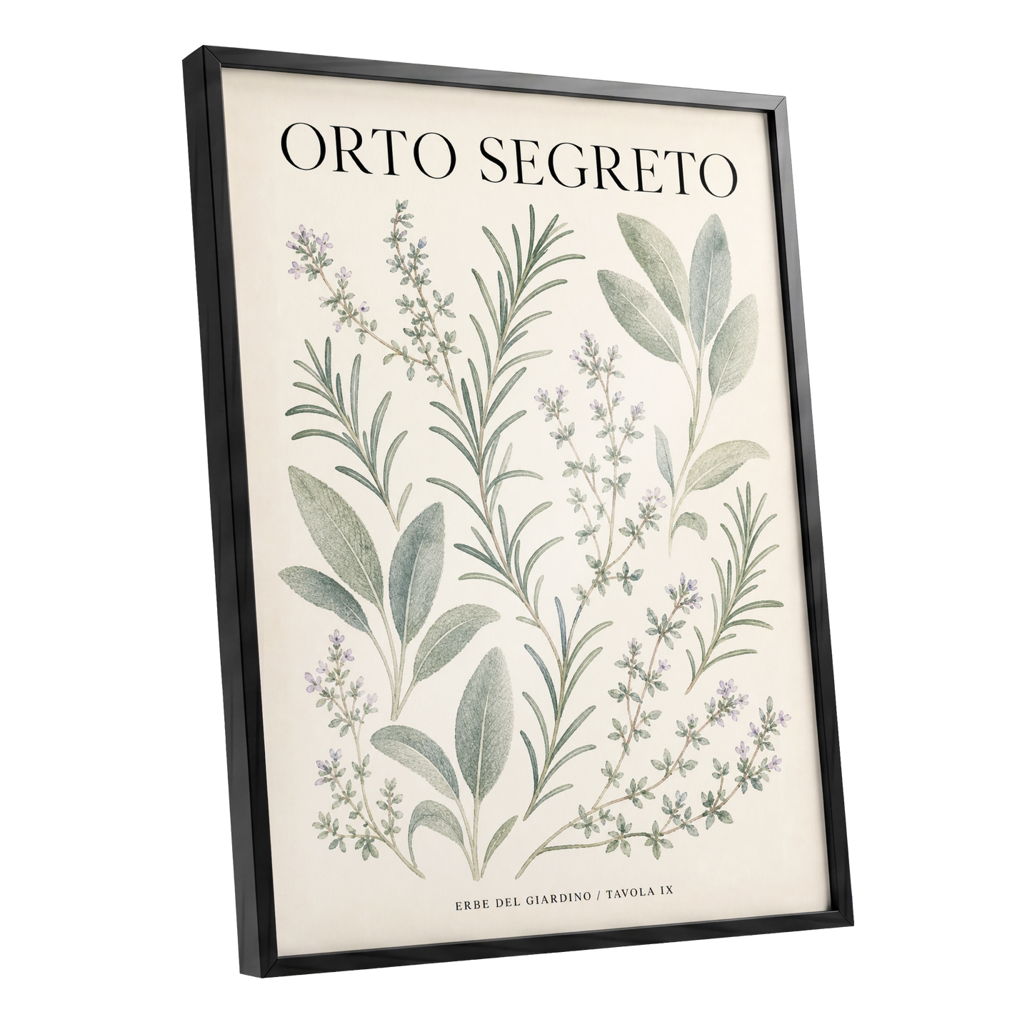 The Secret Herb Garden, green, beige, black nature wall art shown as a black framed poster wall art print