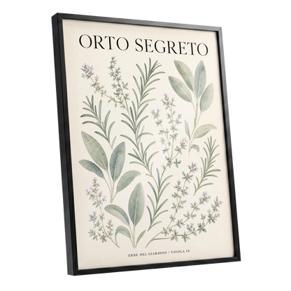 The Secret Herb Garden, green, beige, black nature wall art shown as a black framed poster wall art print