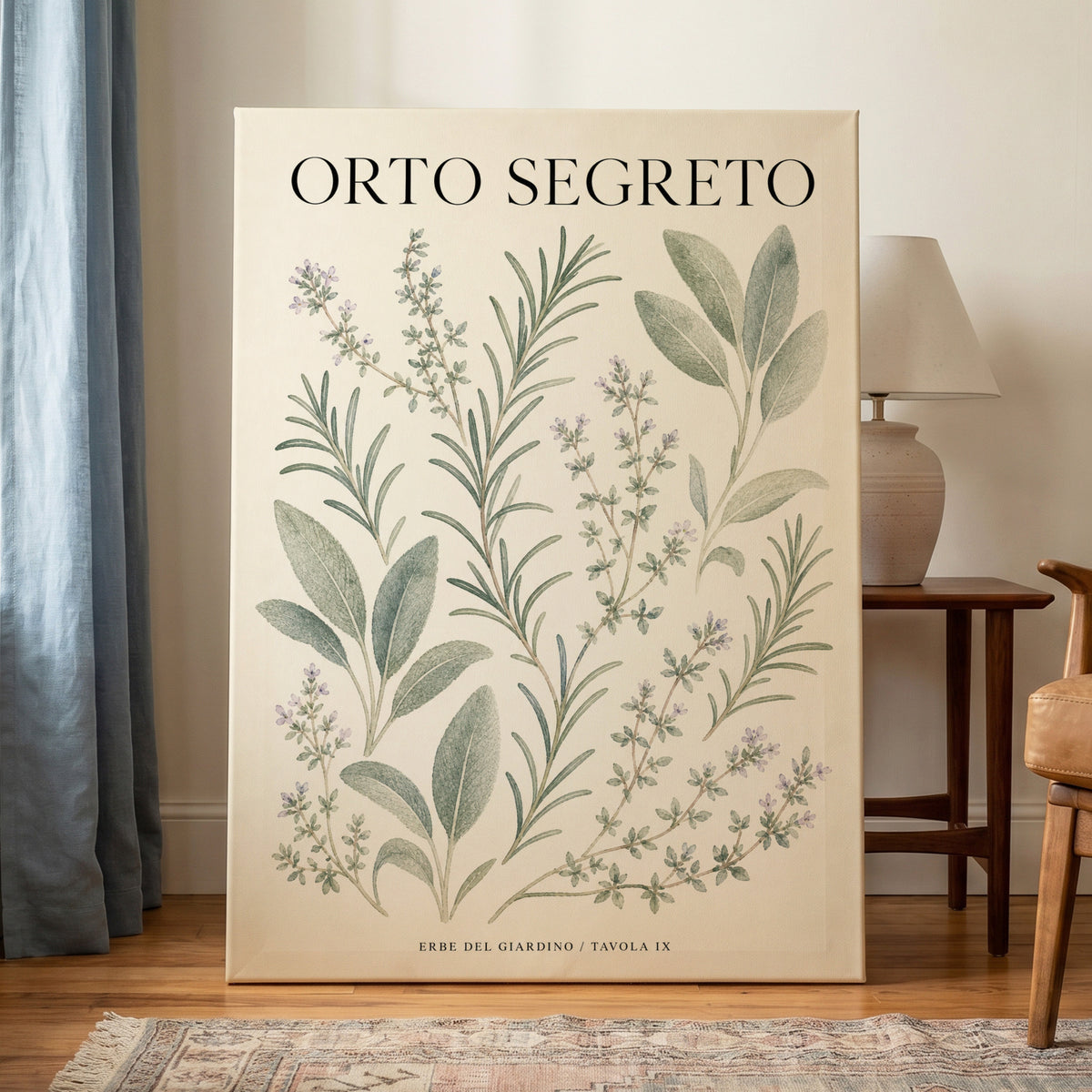The Secret Herb Garden, green, beige, black nature wall art on canvas displayed in a styled interior, gallery view 1